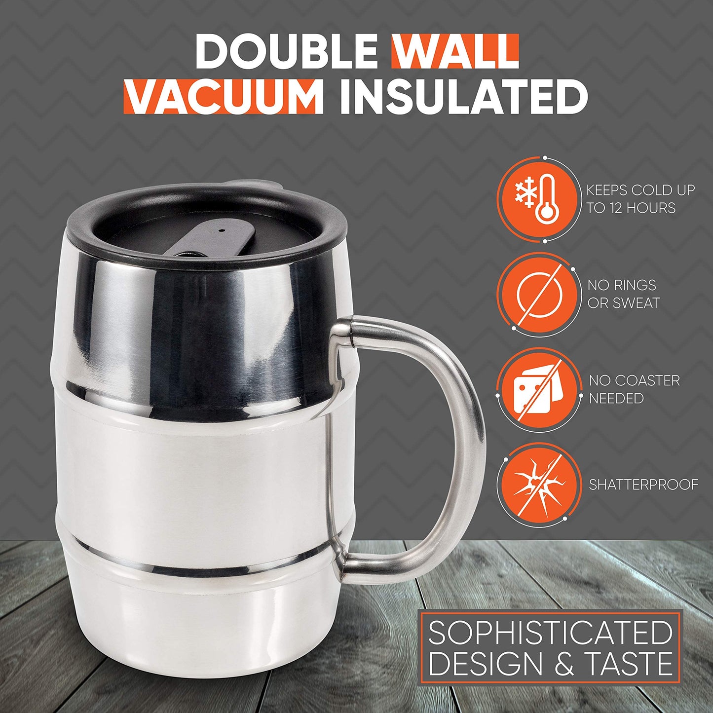 MASON FORGE Stainless Steel Double Walled Vacuum Insulated | 16.9 Ounce Barrel Mug with Handle | HOT or COLD Beverages | Beer Stein, Coffee Cup, Whiskey Tumbler, Moscow Mule | Travel Mug Closeable Lid